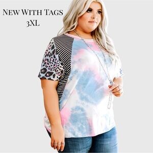 NWT Glitzy Girlz Forget Me Not Blue Pink Watercolor Tie Dye Leopard Top 3XL